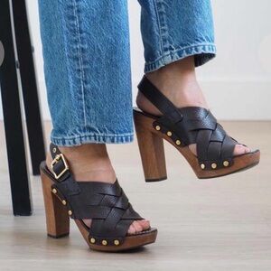 TORY BURCH JODIE TUMBLED BLACK WOVEN LEATHER CHUNKY HIGH HEELS/ CLOGS Size 7